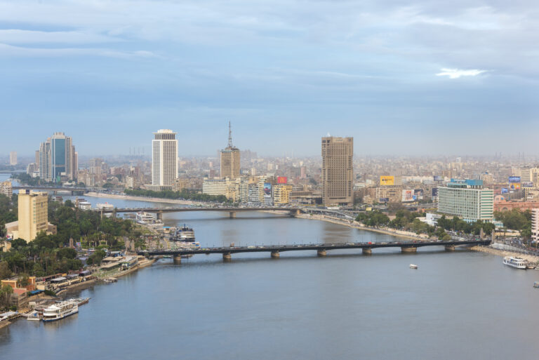 Cairo, Egypt - 1st December, 2016: The bridge, the Nile river & the Corniche Street in central Cairo.