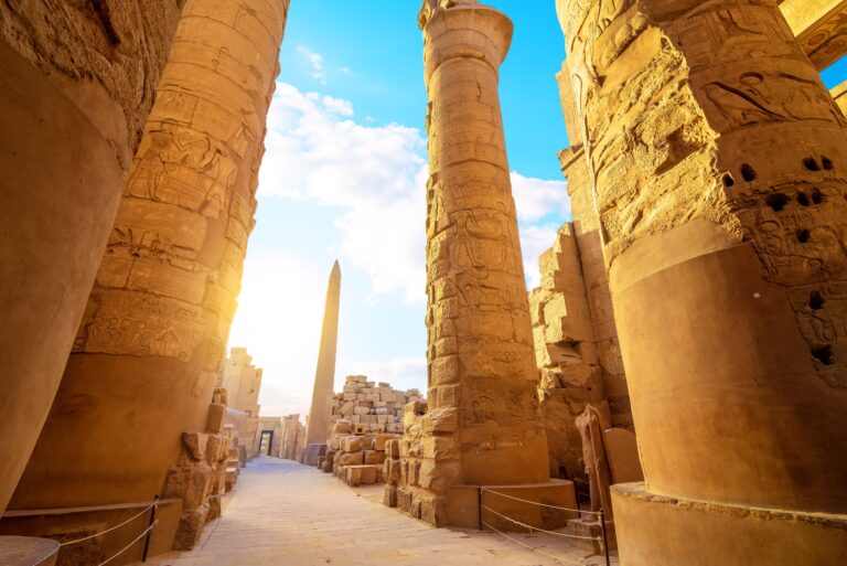 Luxor Karnak temple. The pylon with blue sky