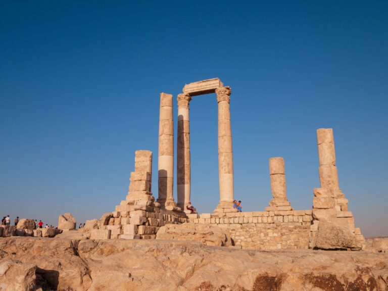 The scenic view of ruins of old famous Temple of Hercules - historic place in the Amman Citadel, Jordan.