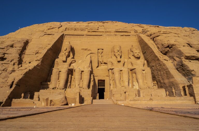 The incredible Abu Simbel Temple rebuilt on the mountain in southern Egypt in Nubia next to Lake Nasser. Temple of Pharaoh Ramses II, travel lifestyle