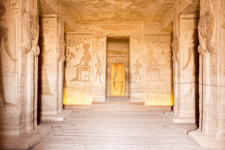 Entrance and door of the temple of Nefartiri in Abu Simbel in Egypt