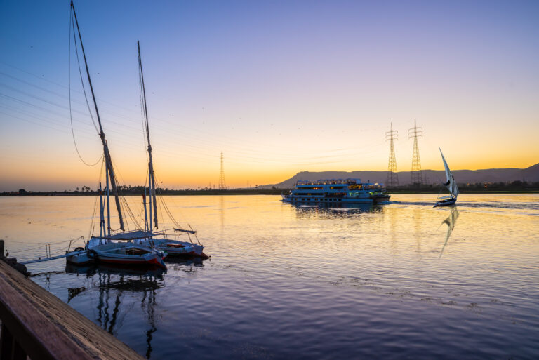 Nile River and boats at sunset in Luxor