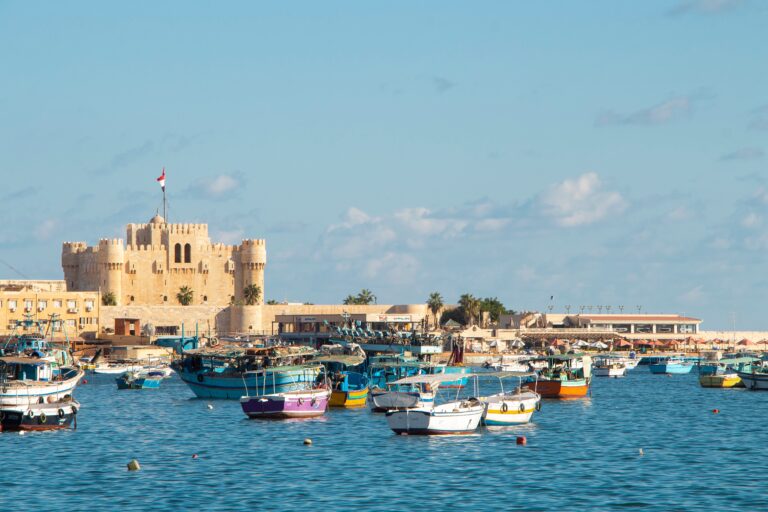 Alexandria, Egypt - October 11, 2020: Citadel of Qaitbay across the Eastern Harbour